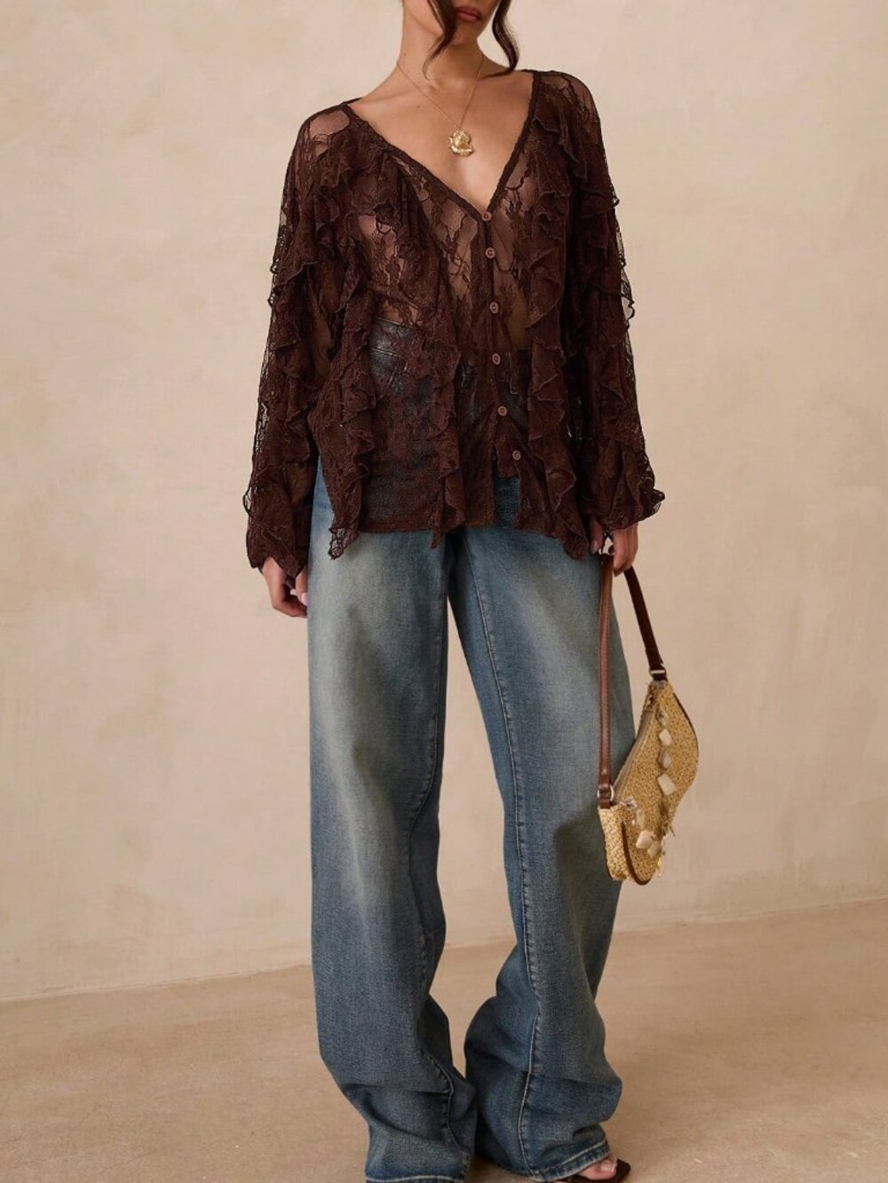 Coffee Brown Sexy Casual Women's V-Neck Long Sleeve Boho Blouse - Picture 3 of 7